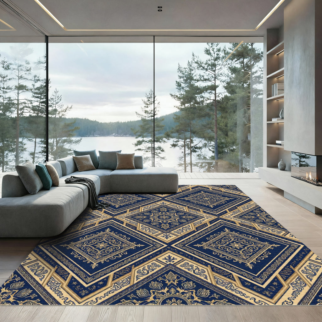 Royal Blue Golden Filigree Diamond Damask Rug