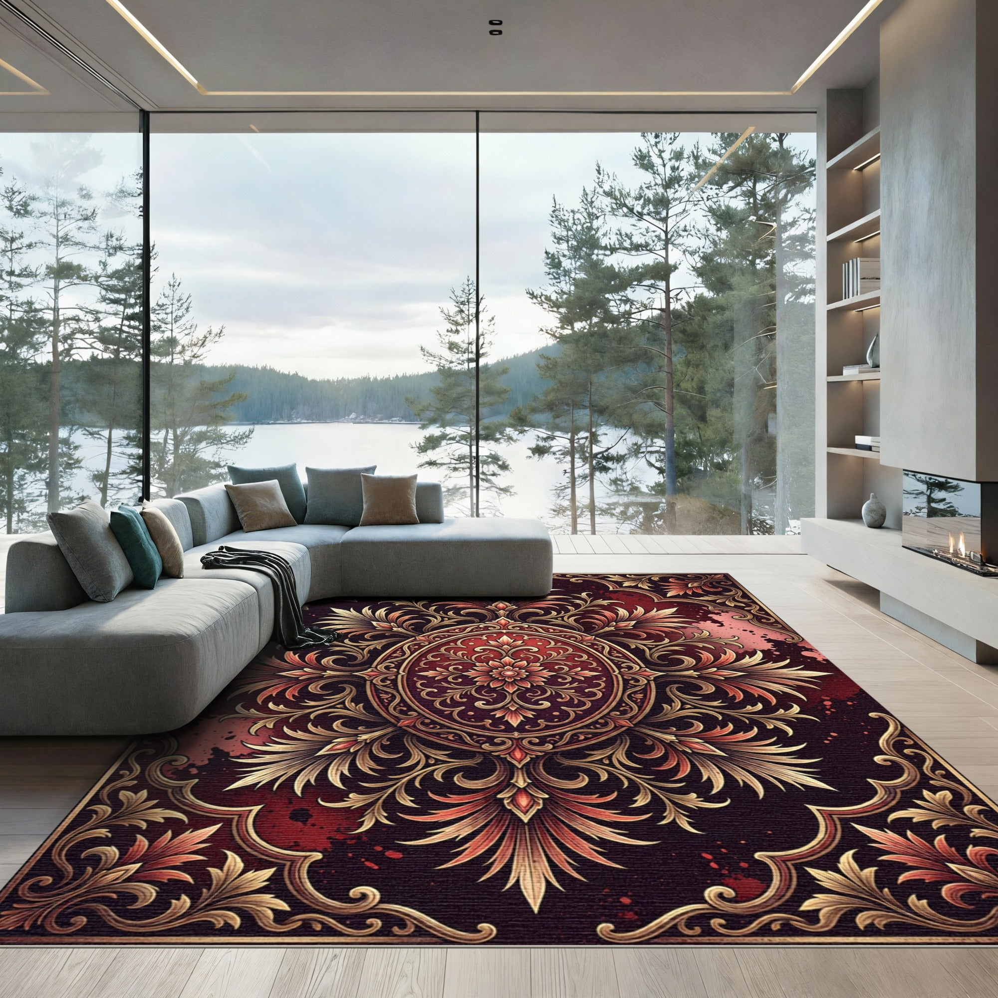 Ornate Crimson Damask Gold Medallion Rug