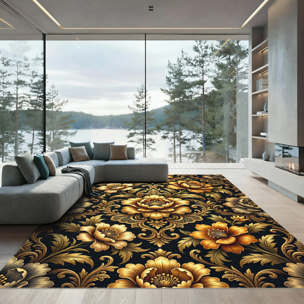 Golden Floral Damask Noir Tapestry Rug