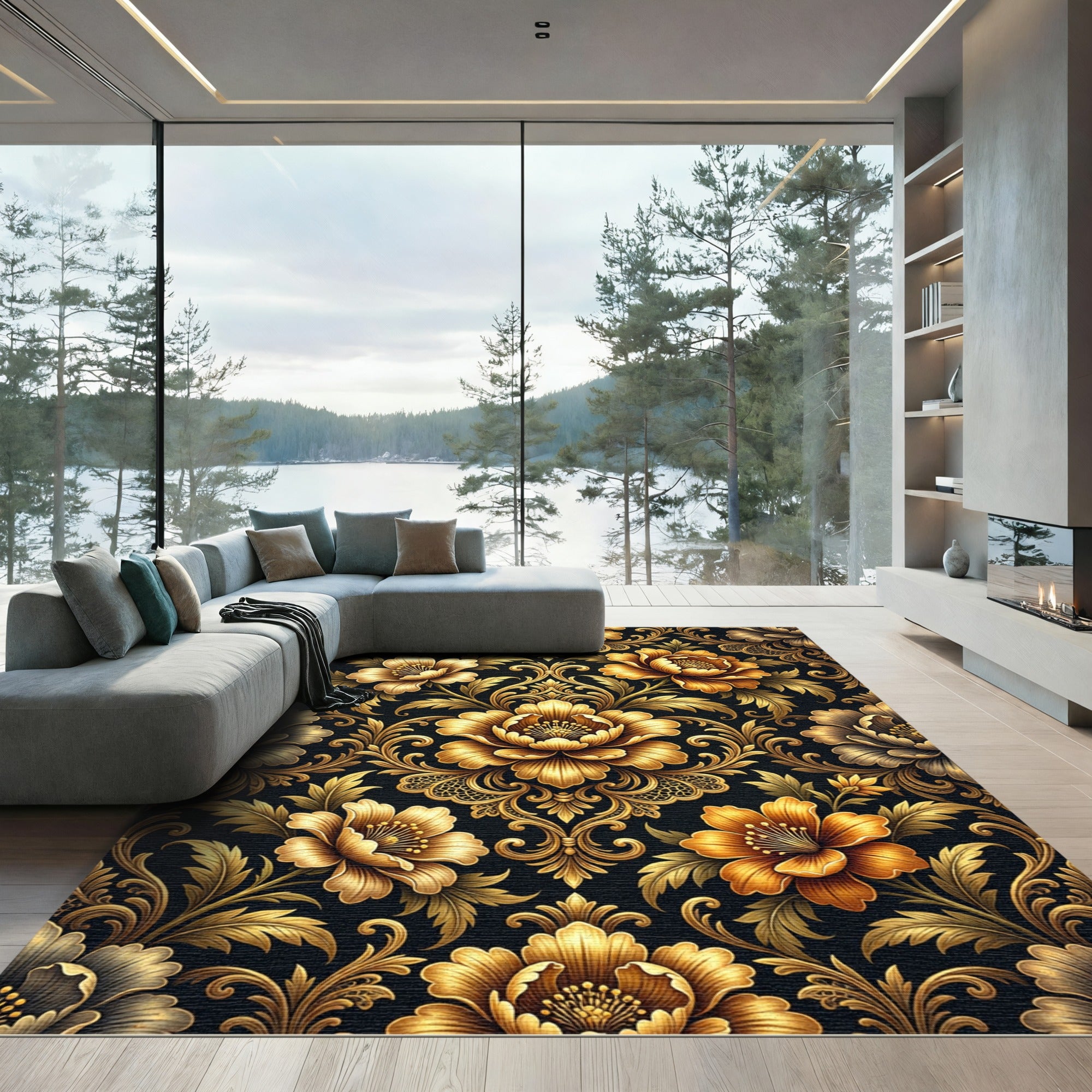Golden Floral Damask Noir Tapestry Rug