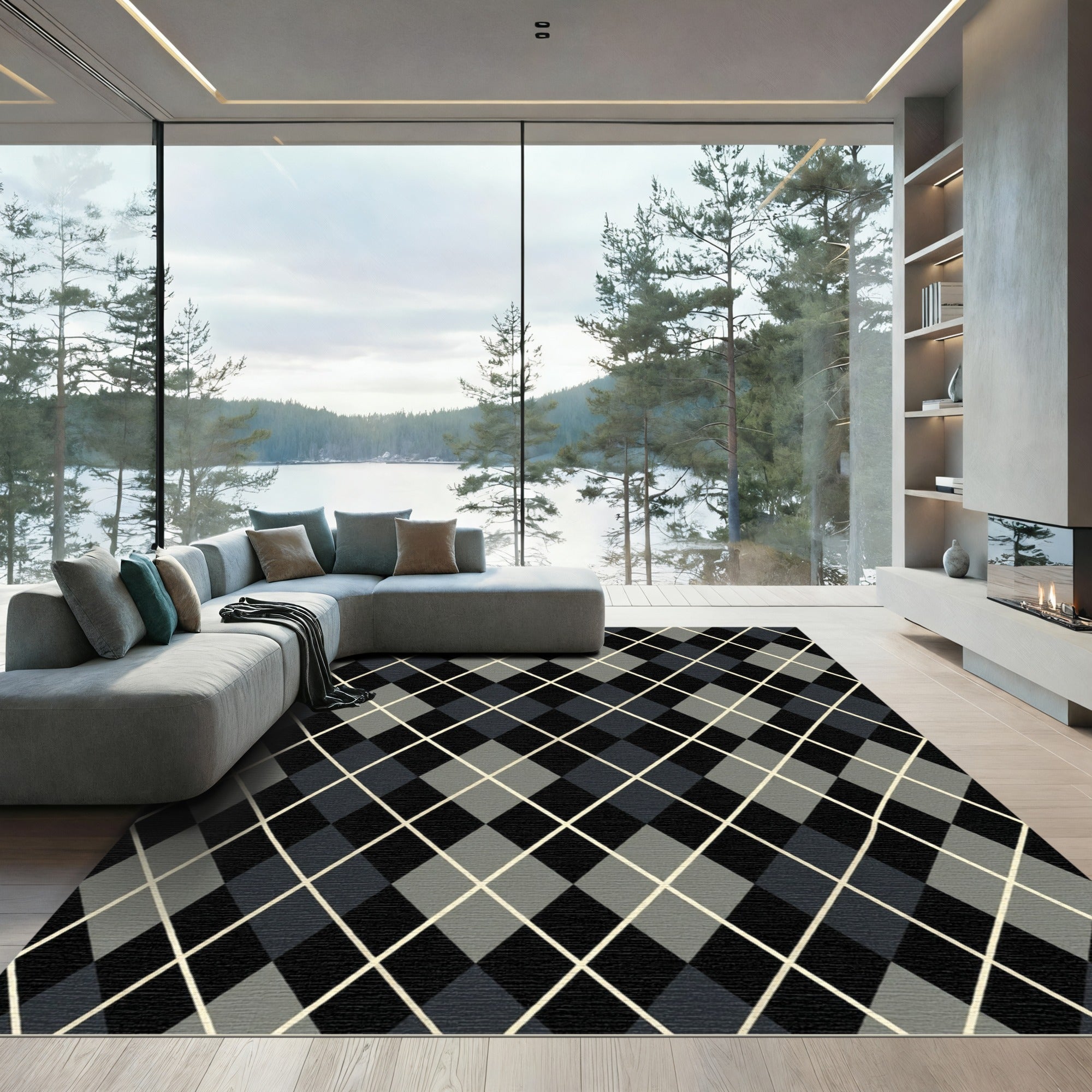Black Gray Diamond Argyle Rug