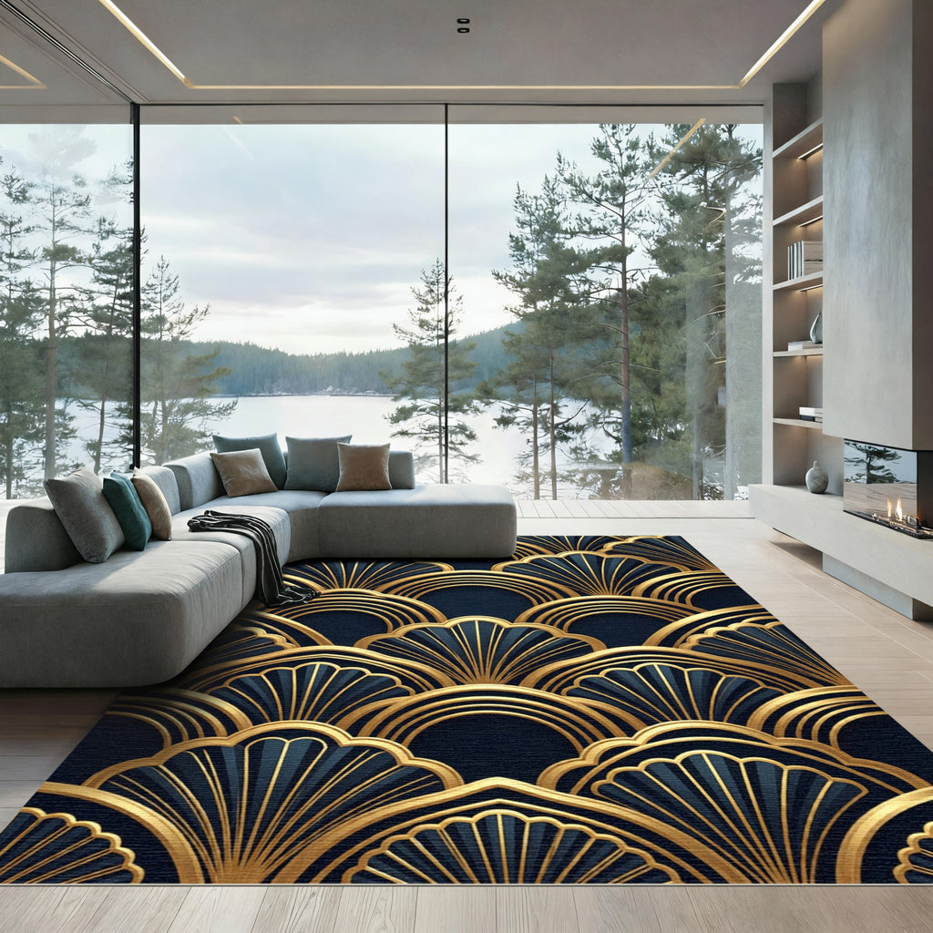 Art Deco Gold Navy Fan Arches Rug