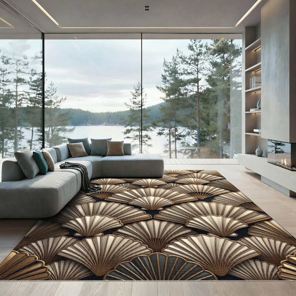 Art Deco Golden Fan Shell Arrangement Rug