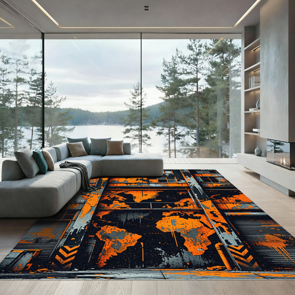 Urban Industrial World Map Wall Art Rug