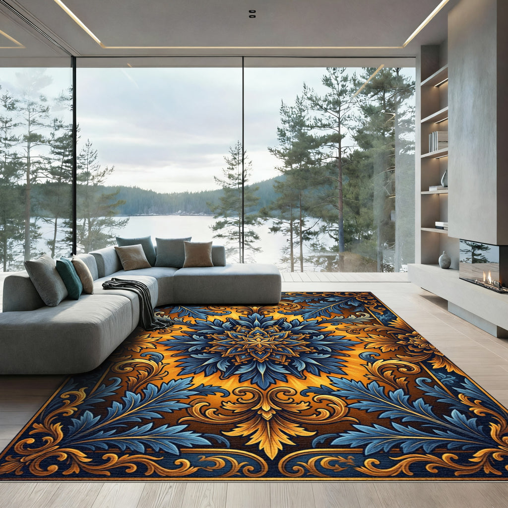 Golden Blue Floral Baroque Ornament Rug