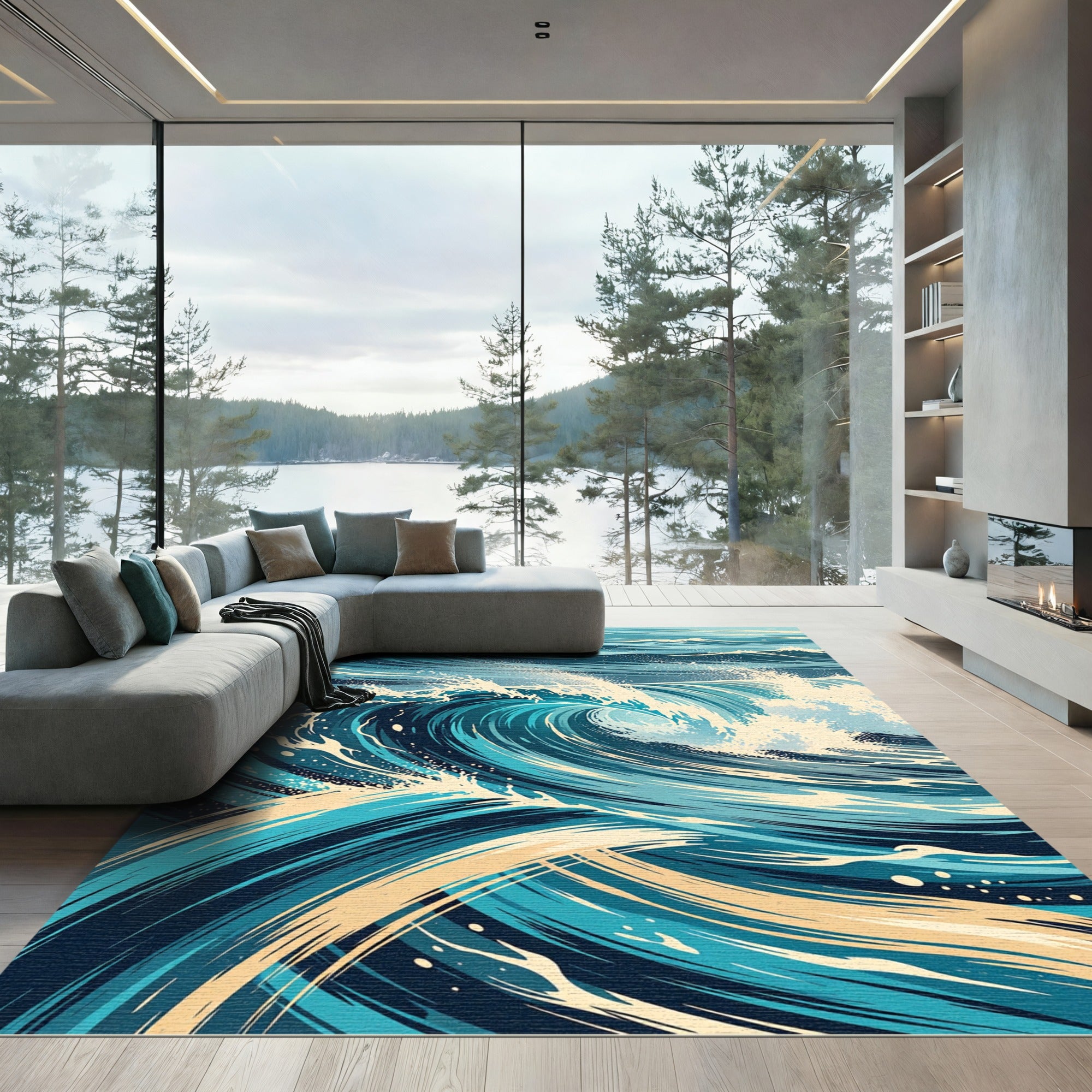 Dynamic Navy Blue Swirling Ocean Wave Rug