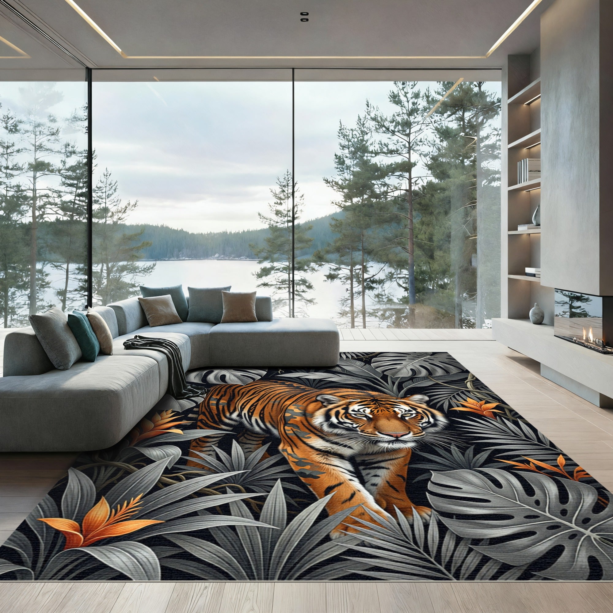 Majestic Orange Tiger Amid Tropical Foliage Rug