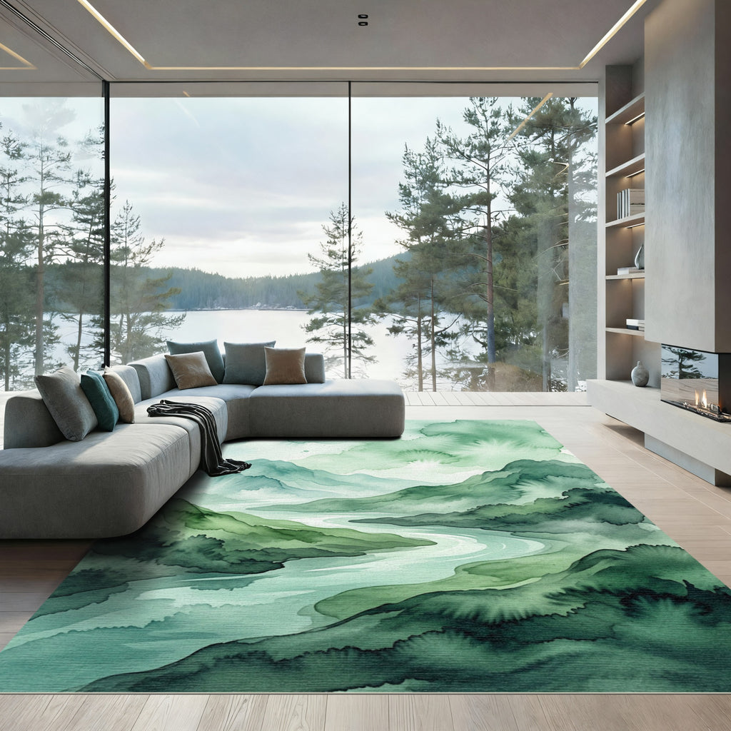 Serene Green Watercolor Mountain River Rug