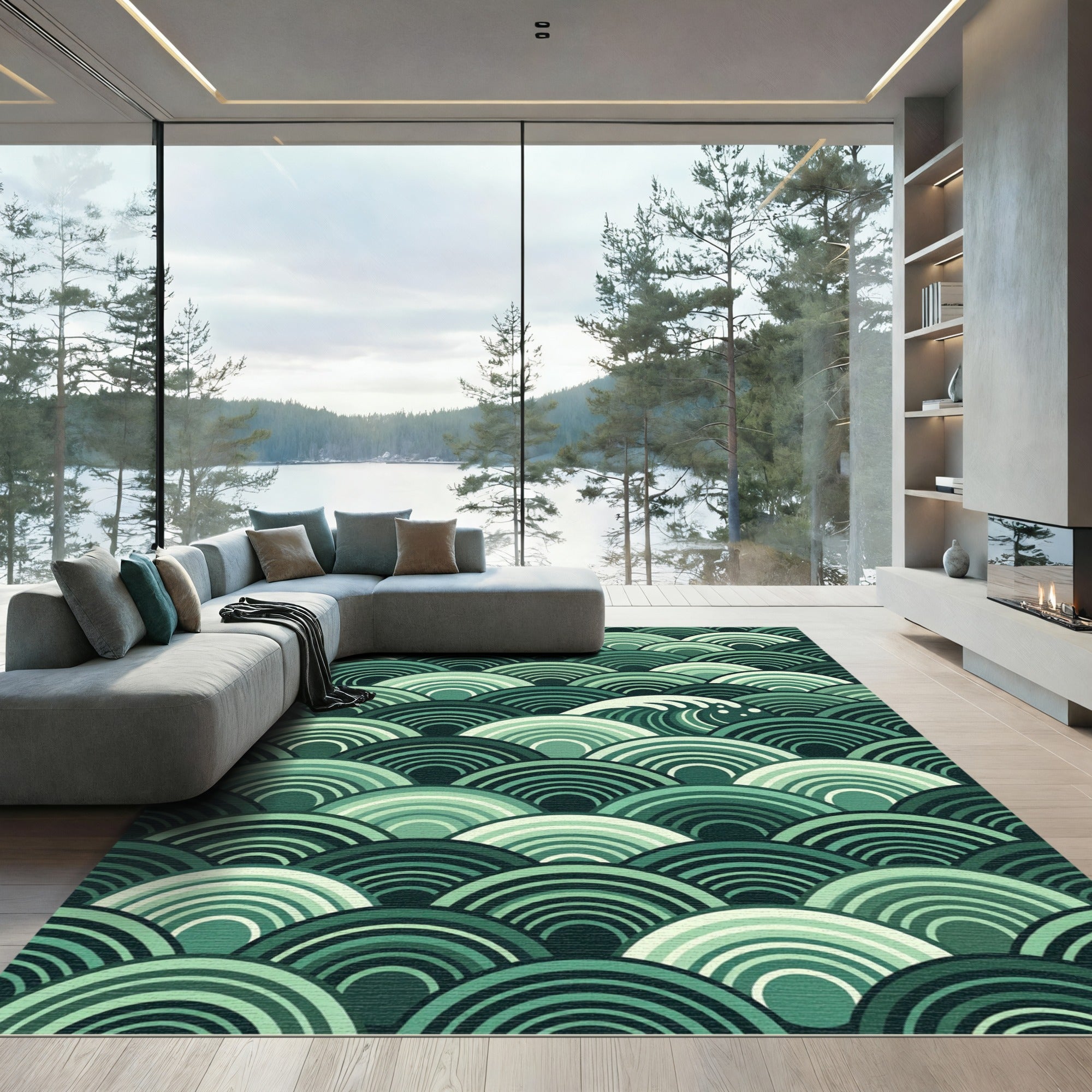 Green Wave Ocean Scales Rug