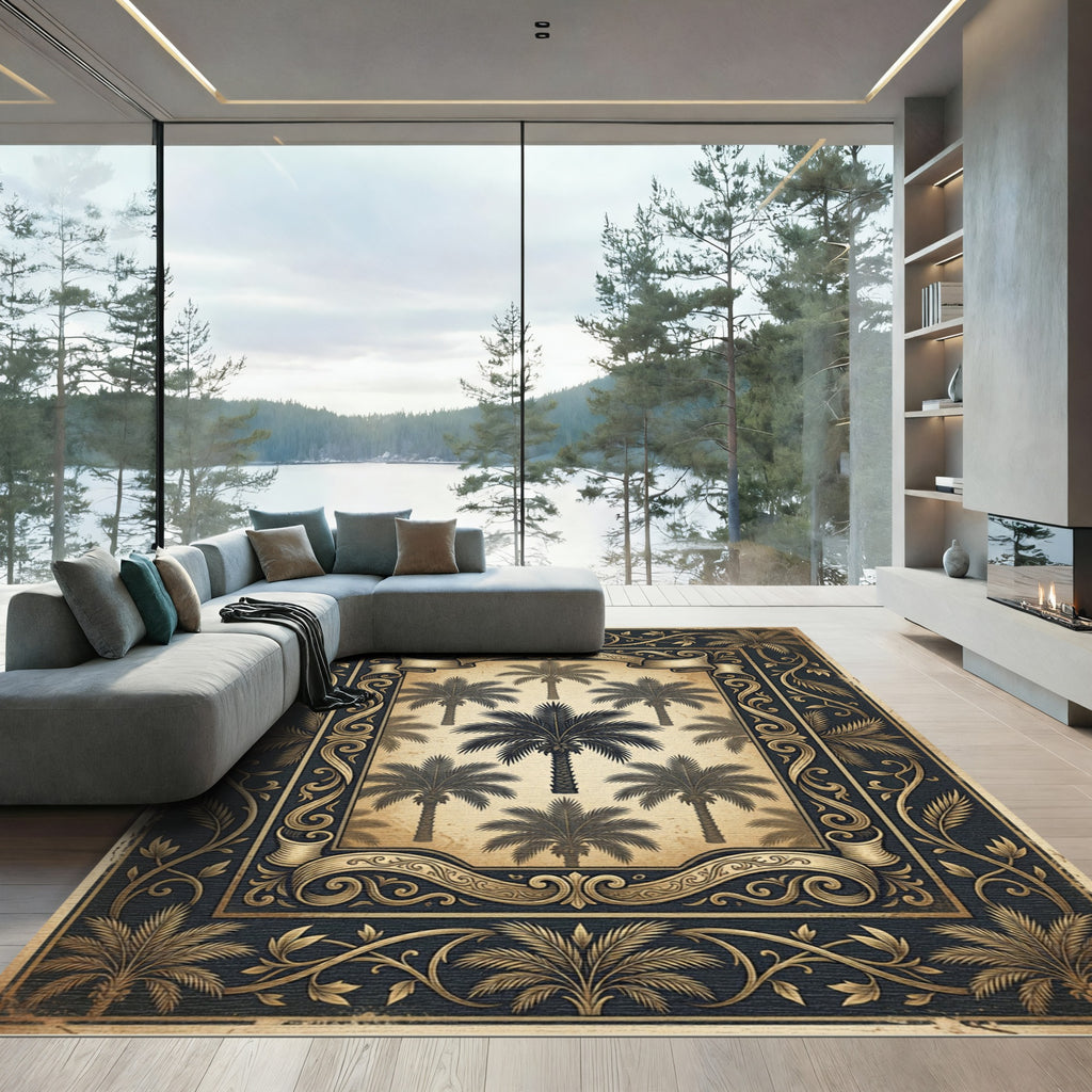 Vintage Gold Tropical Palm Foliage Rug