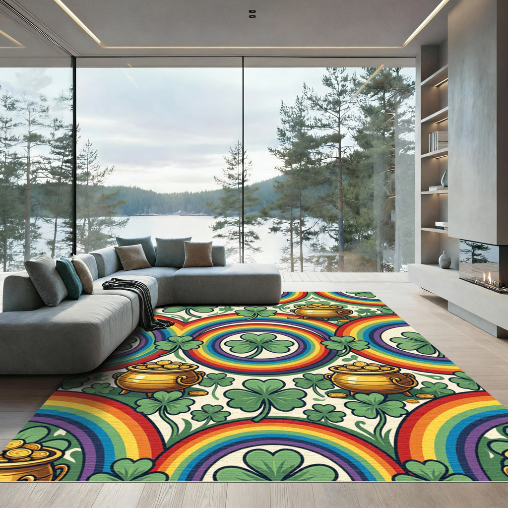 Whimsical Rainbow Shamrock Gold Coin Medallion Rug
