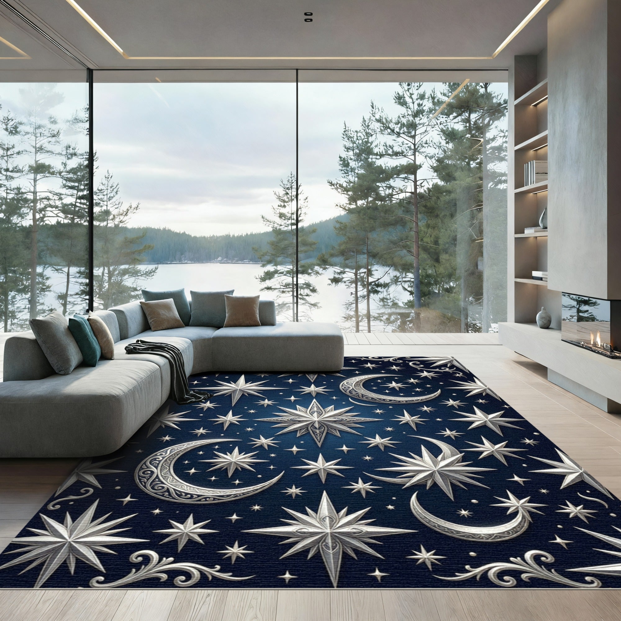 Celestial Silver Crescent and Star Night Rug