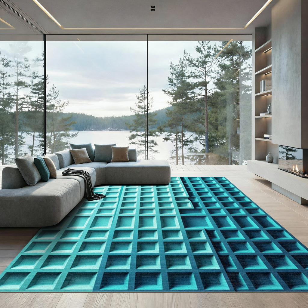 Modern Geometric Teal Grid Texture Rug