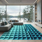 Modern Geometric Teal Grid Texture Rug