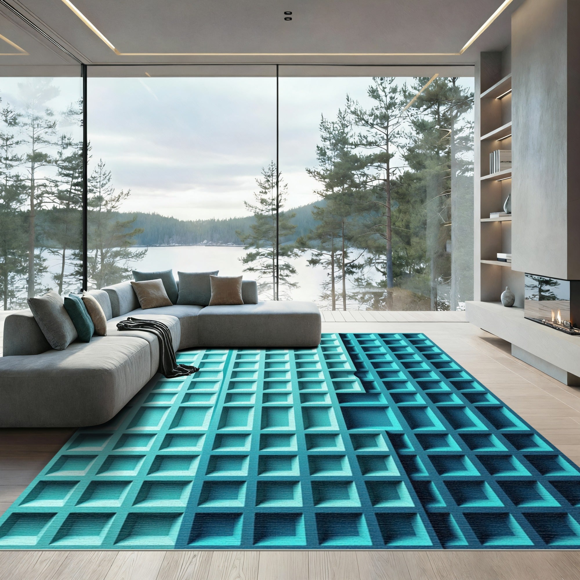 Modern Geometric Teal Grid Texture Rug