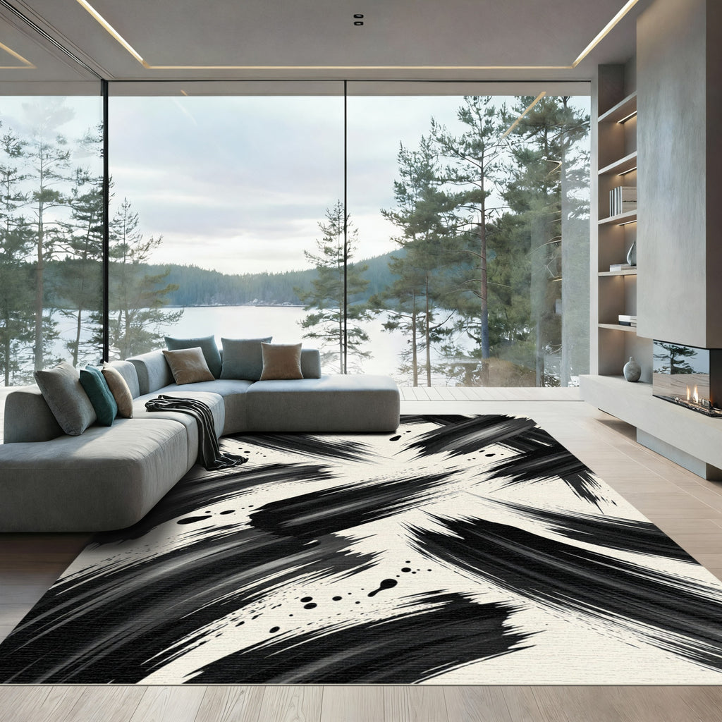 Modern Black Ink Abstract Brushstroke Rug
