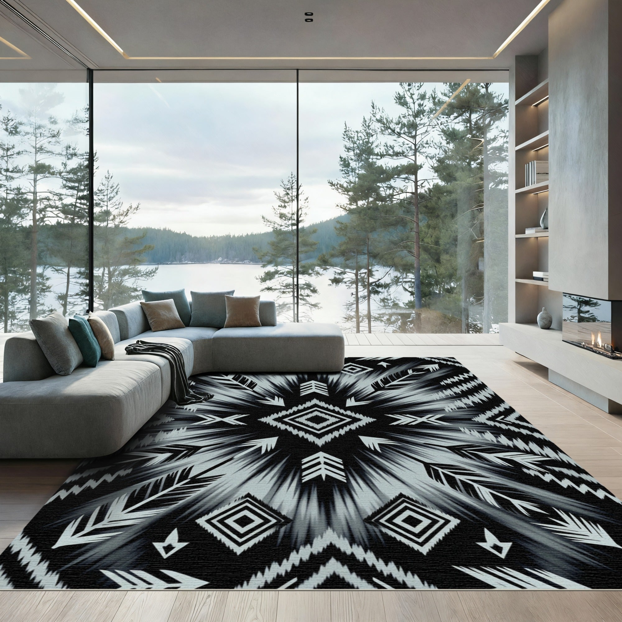 Monochrome Tribal Feather Arrow Rug