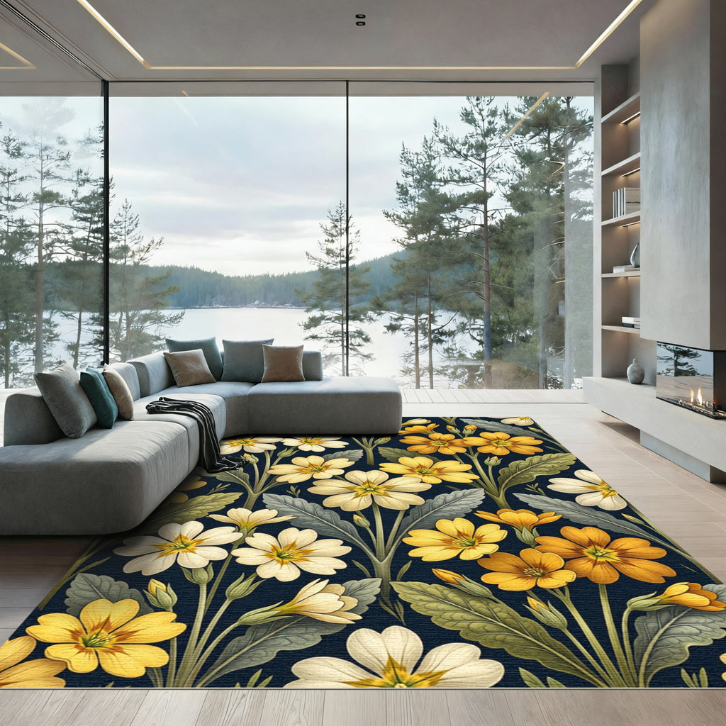 Golden Primrose Floral Botanical Meadow Rug