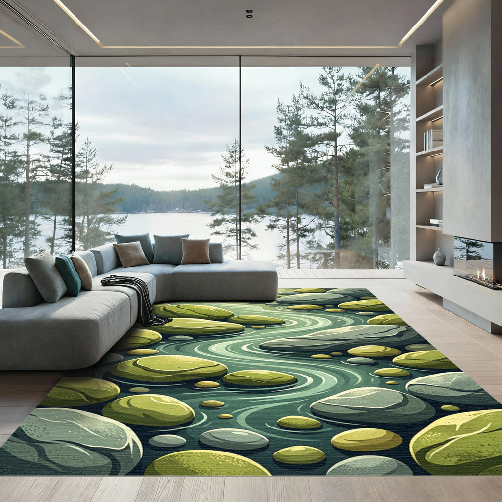Serene Green River Stone Flow Rug