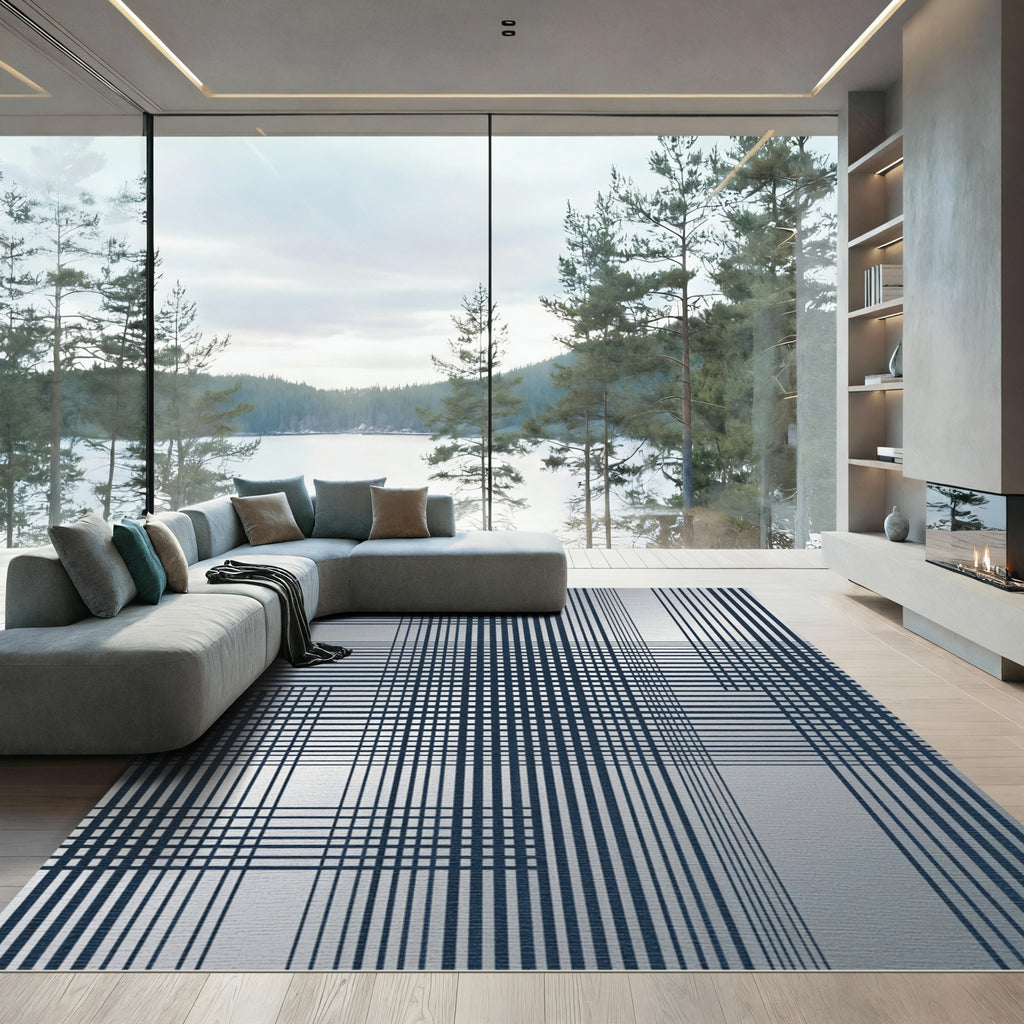 Dark Blue Grid Intersecting Lines Rug