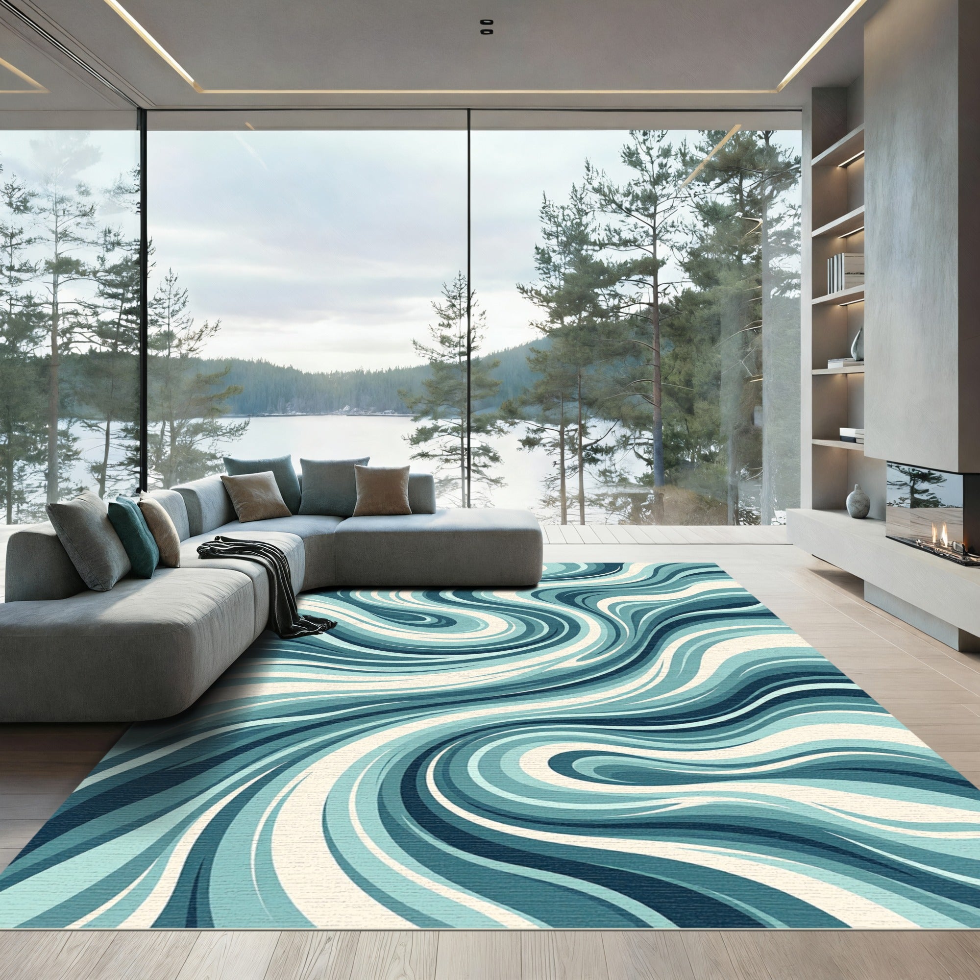 Fluid Ocean Wave Abstract Teal Swirl Rug