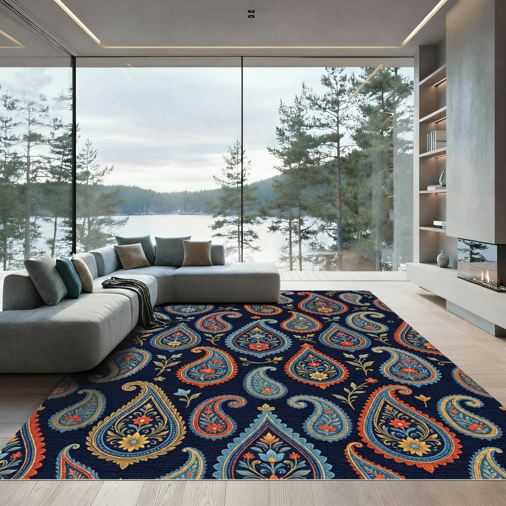 Navy Blue Floral Paisley Tapestry Rug