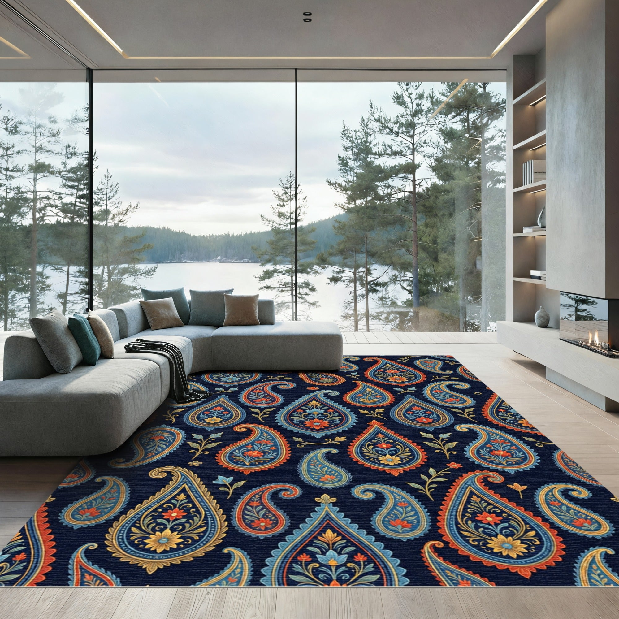 Navy Blue Floral Paisley Tapestry Rug