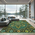 Vintage Emerald Golden Floral Star Rug