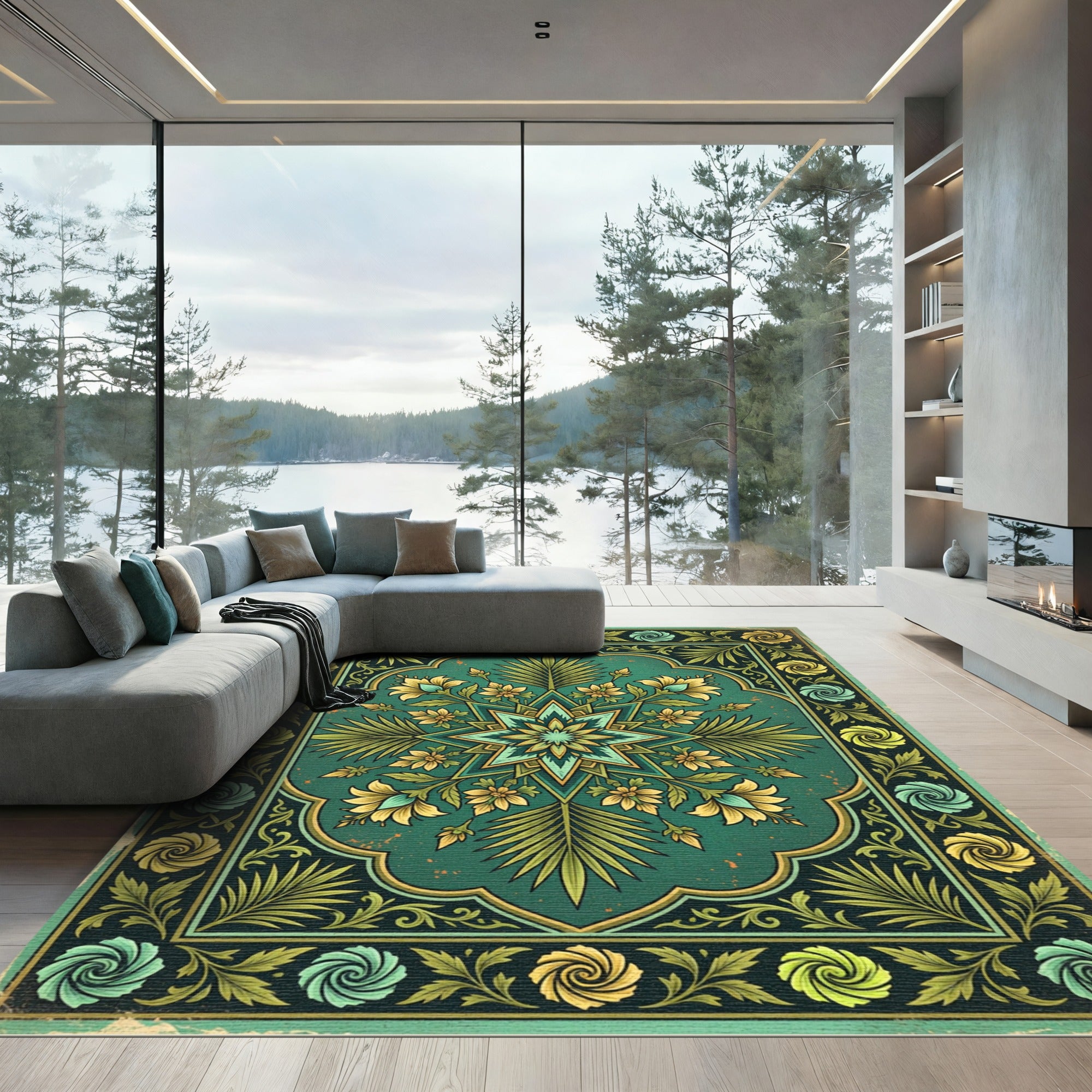 Vintage Emerald Golden Floral Star Rug