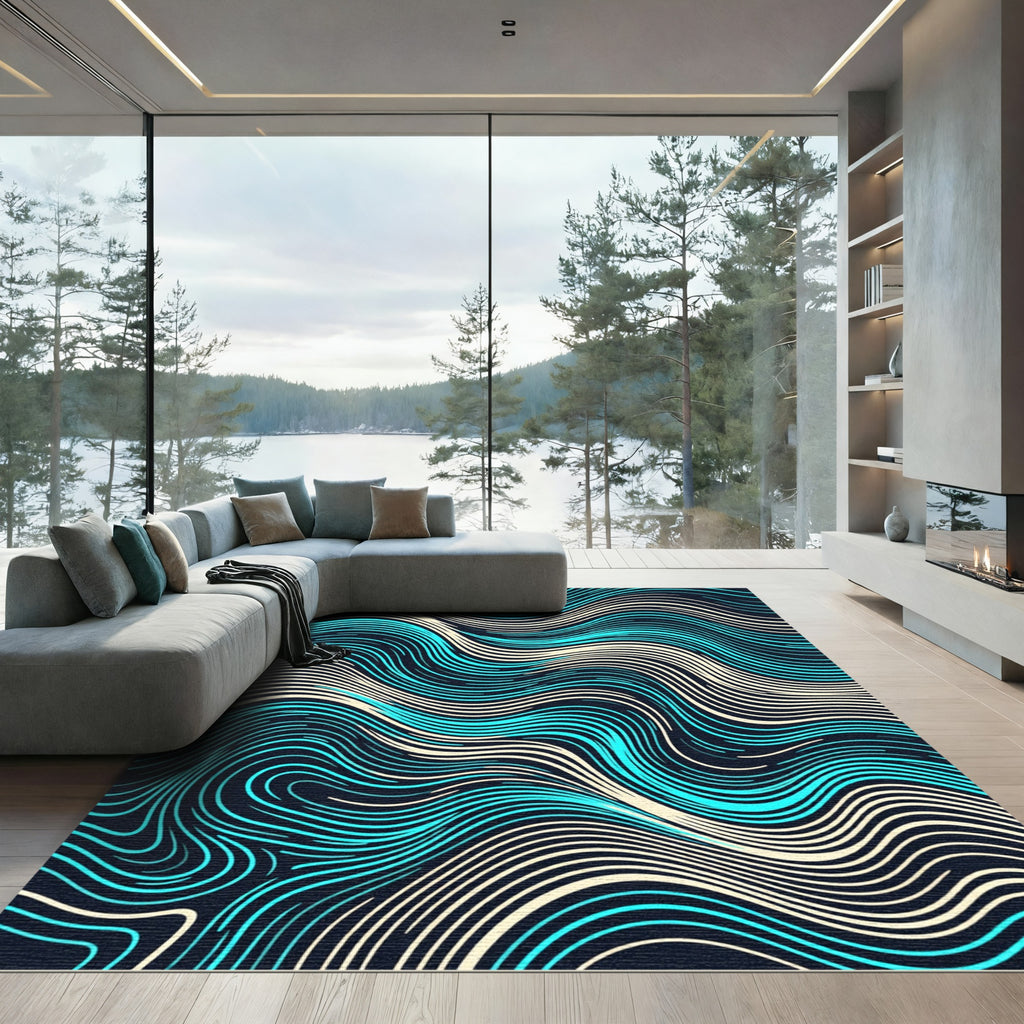 Abstract Cyan and Cream Fluid Wave Rug