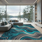Abstract Cyan and Cream Fluid Wave Rug