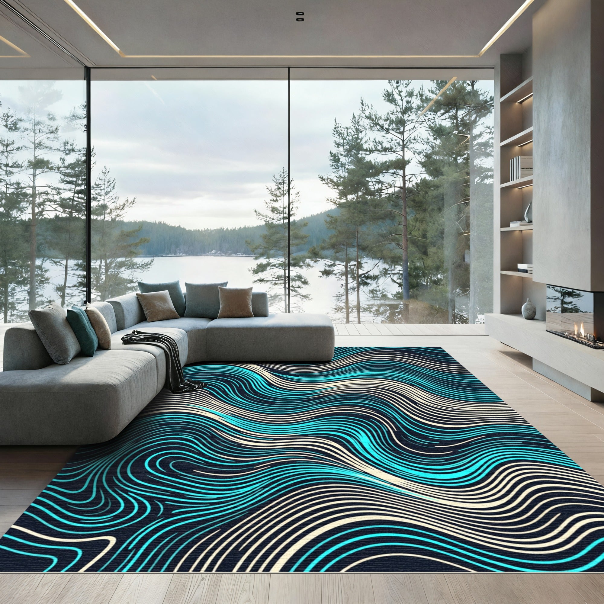 Abstract Cyan and Cream Fluid Wave Rug