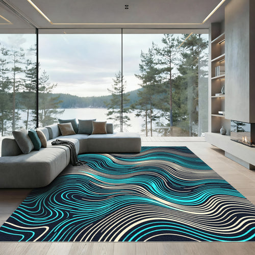 Abstract Cyan and Cream Fluid Wave Rug