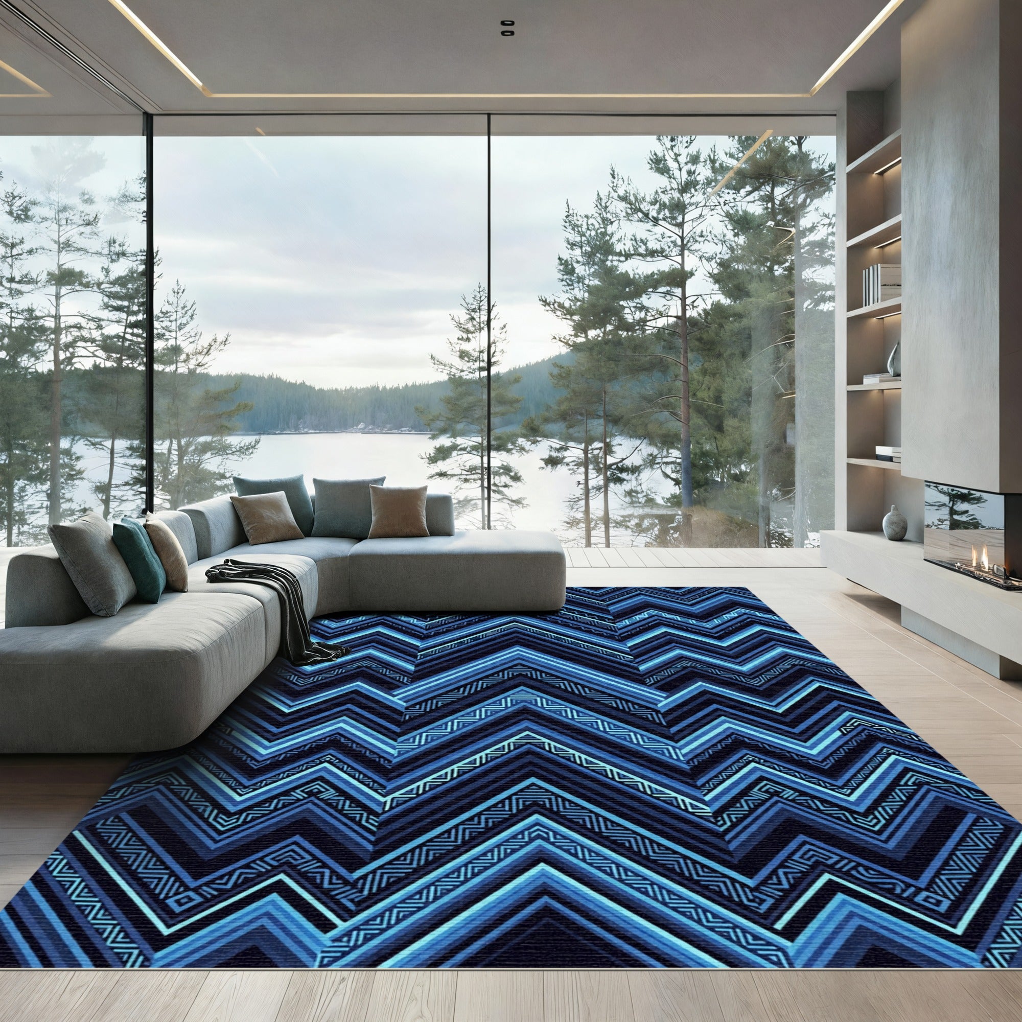 Deep Blue Geometric Chevron Zigzag Rug