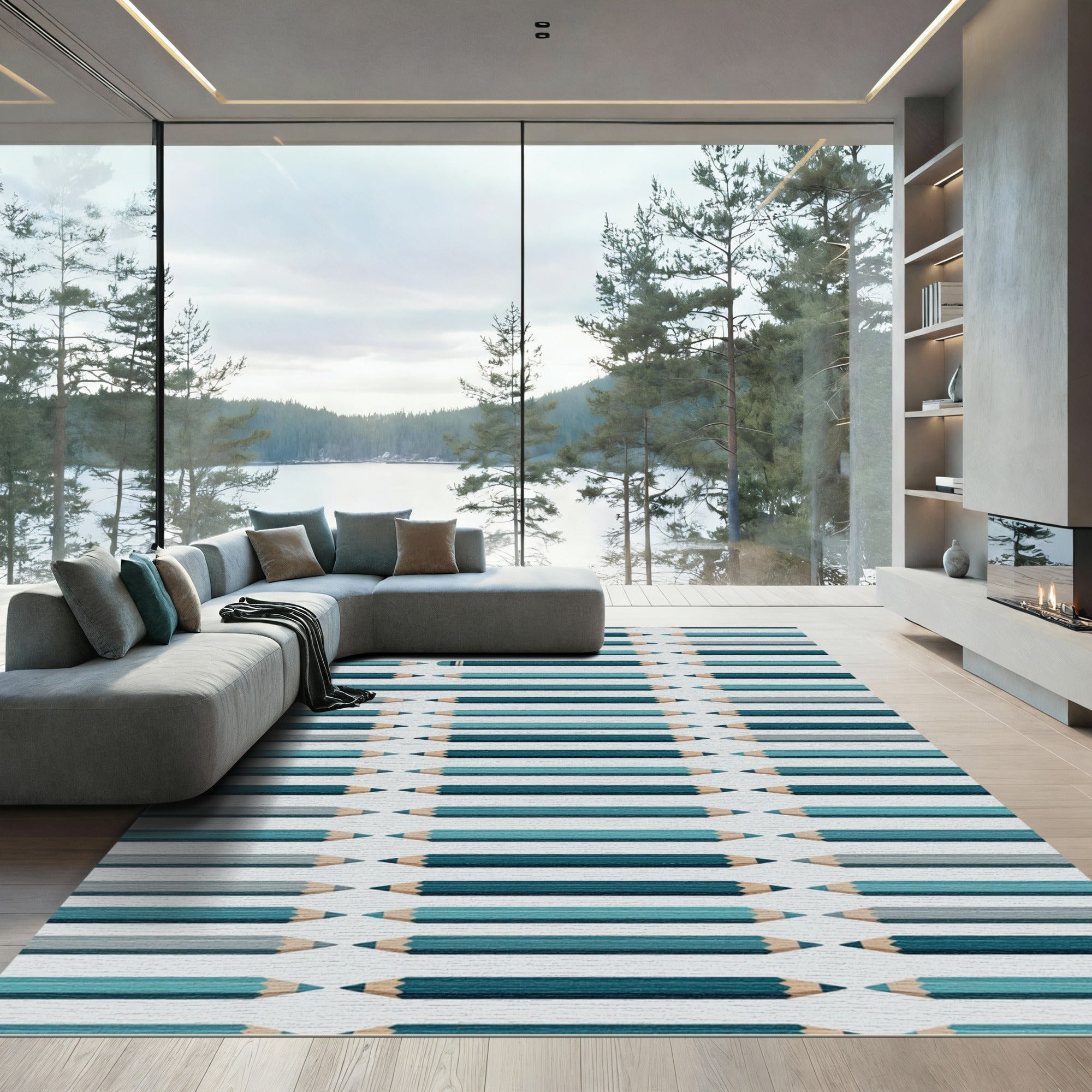 Teal Blue Pencils Repeating Row Rug