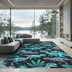 Blue Tropical Dinosaur Jungle Illustration Rug