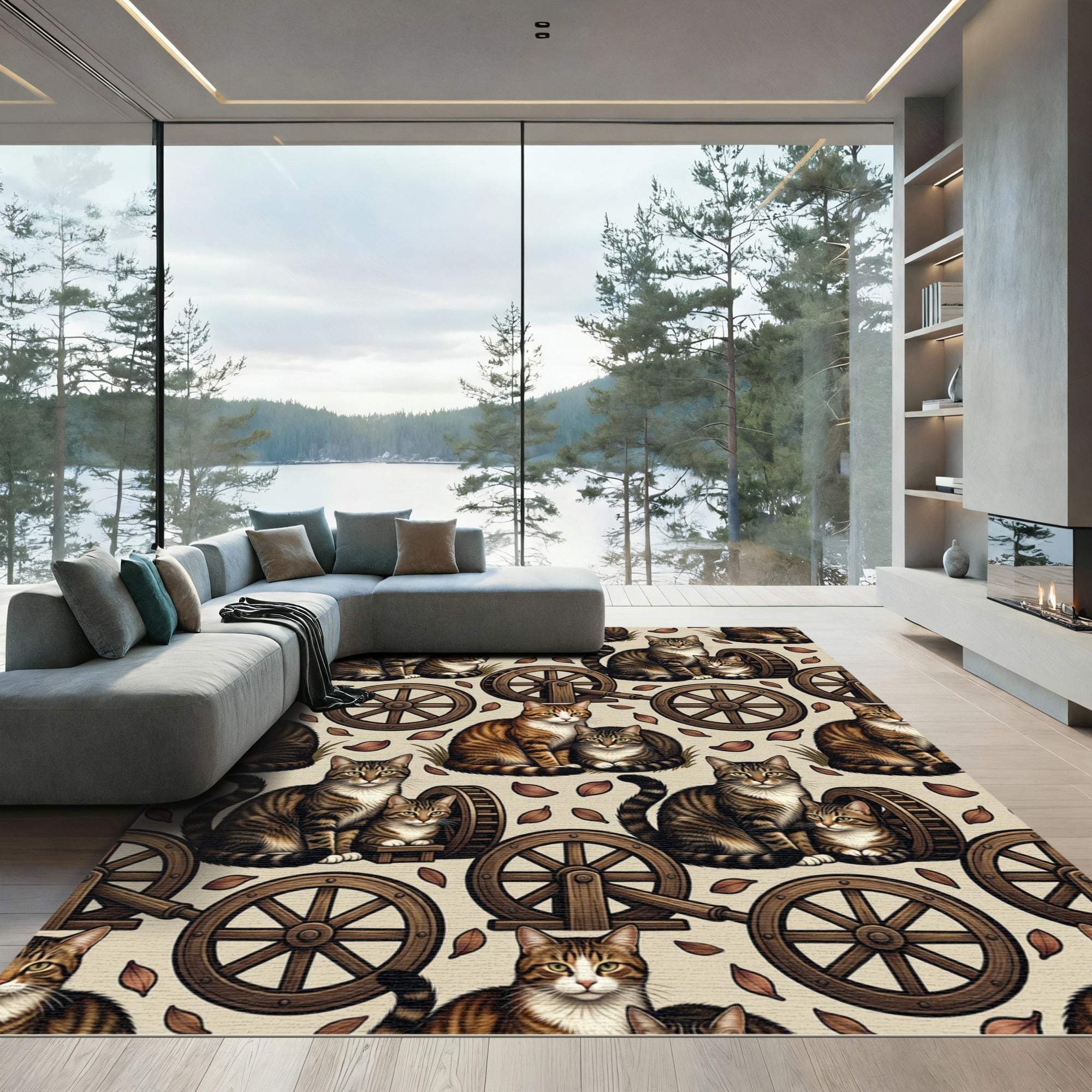 Tabby Cats With Wooden Wheels Rug