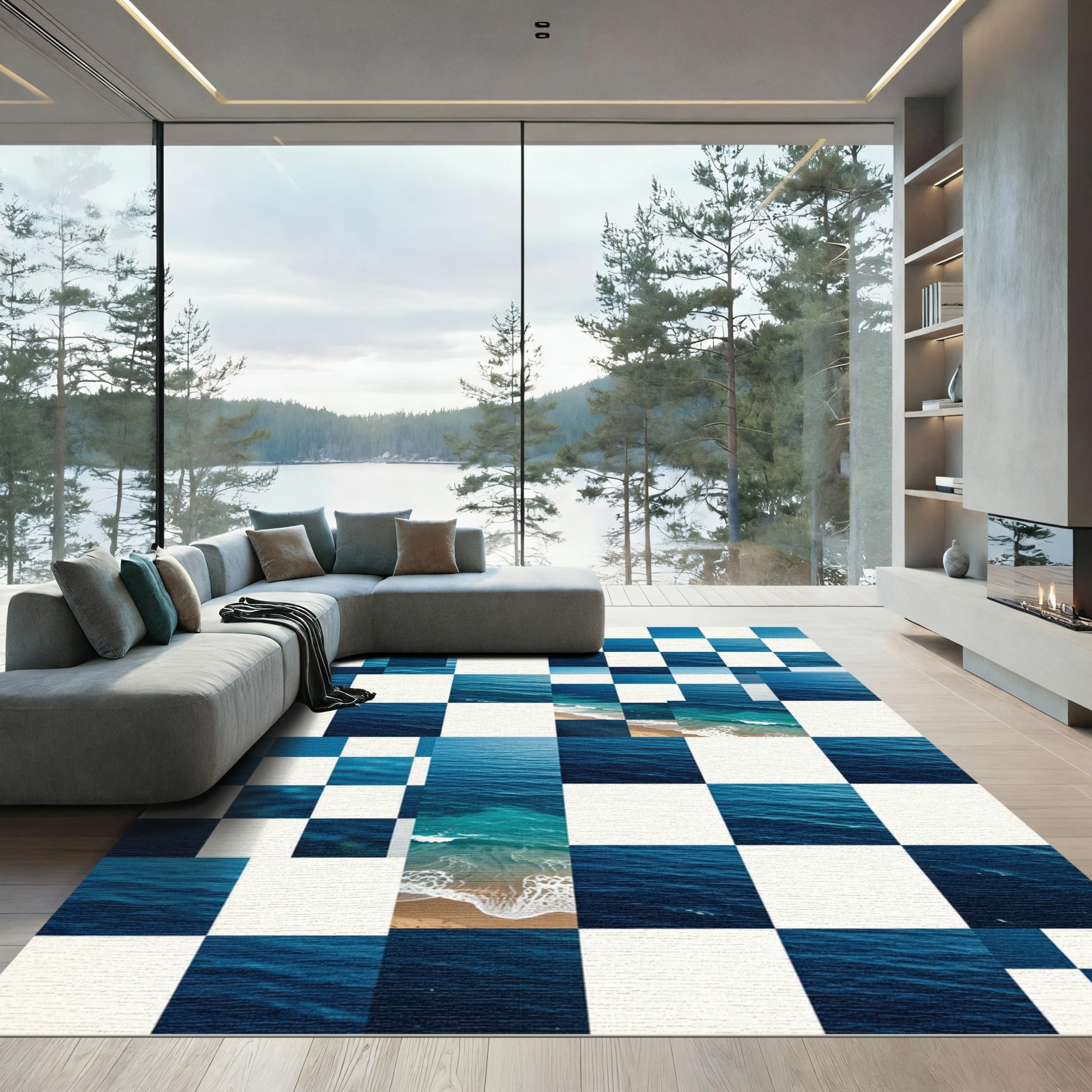 Azure Ocean Tide Checkerboard Grid Area Rug