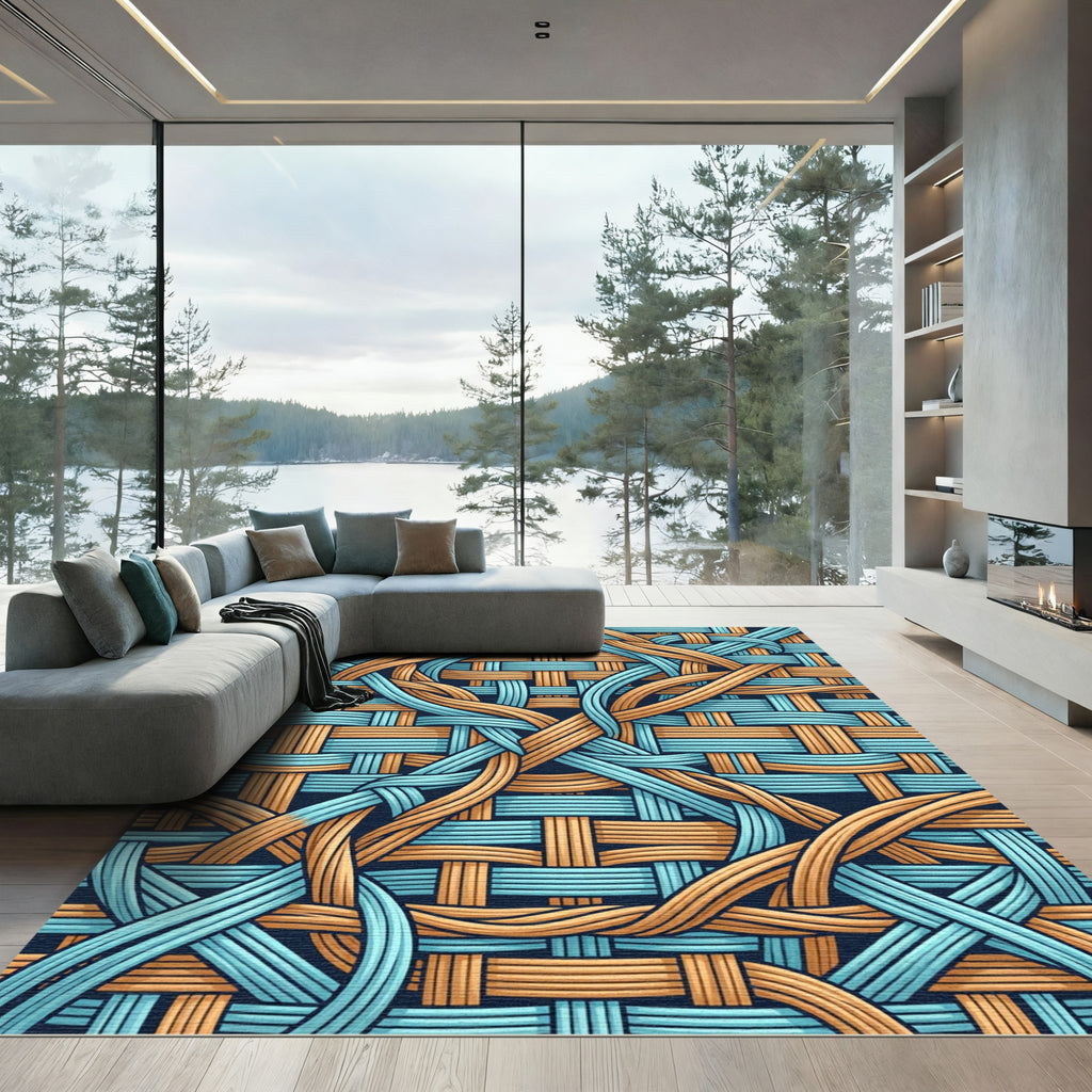 Interwoven Azure and Golden Branch Weave Rug