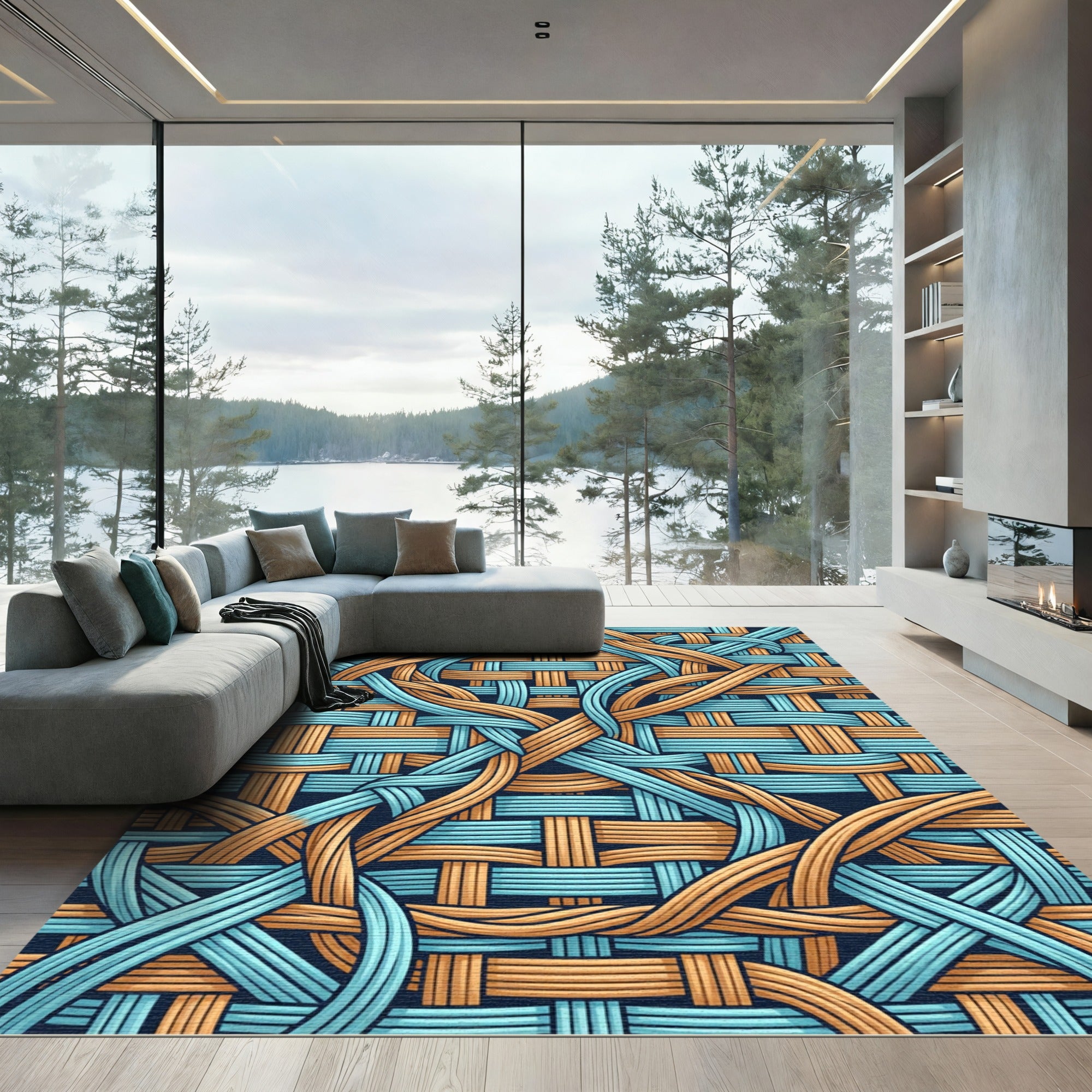 Interwoven Azure and Golden Branch Weave Rug