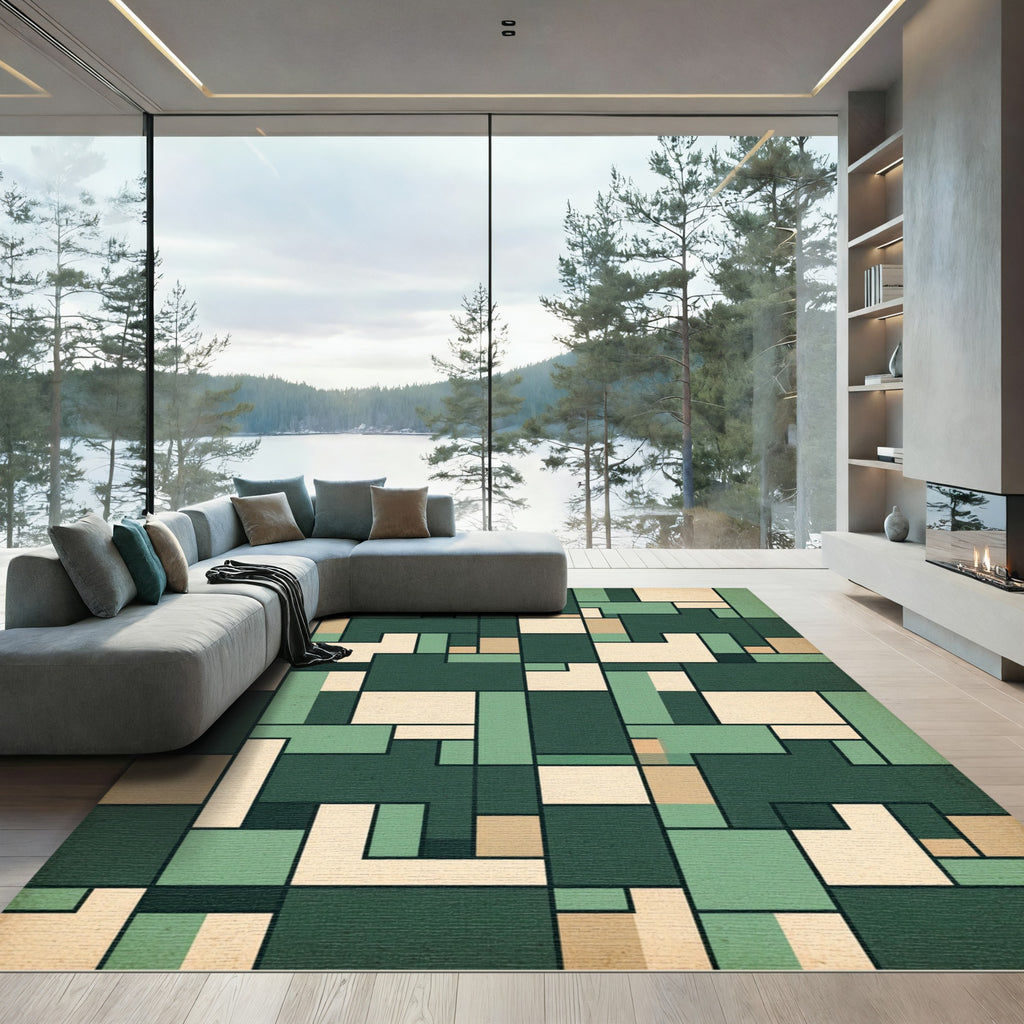 Midcentury Forest Geometric Block Composition Rug