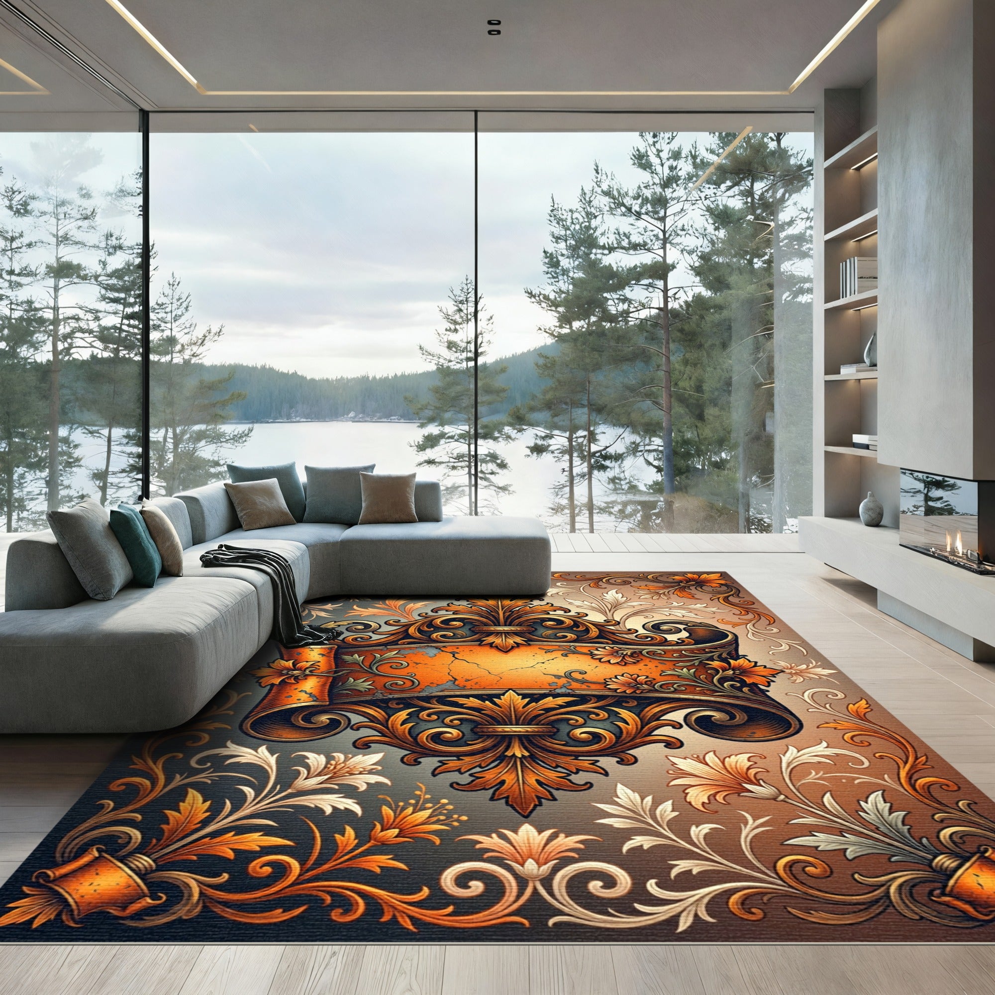 Ornate Amber Baroque Scroll Scrollwork Rug
