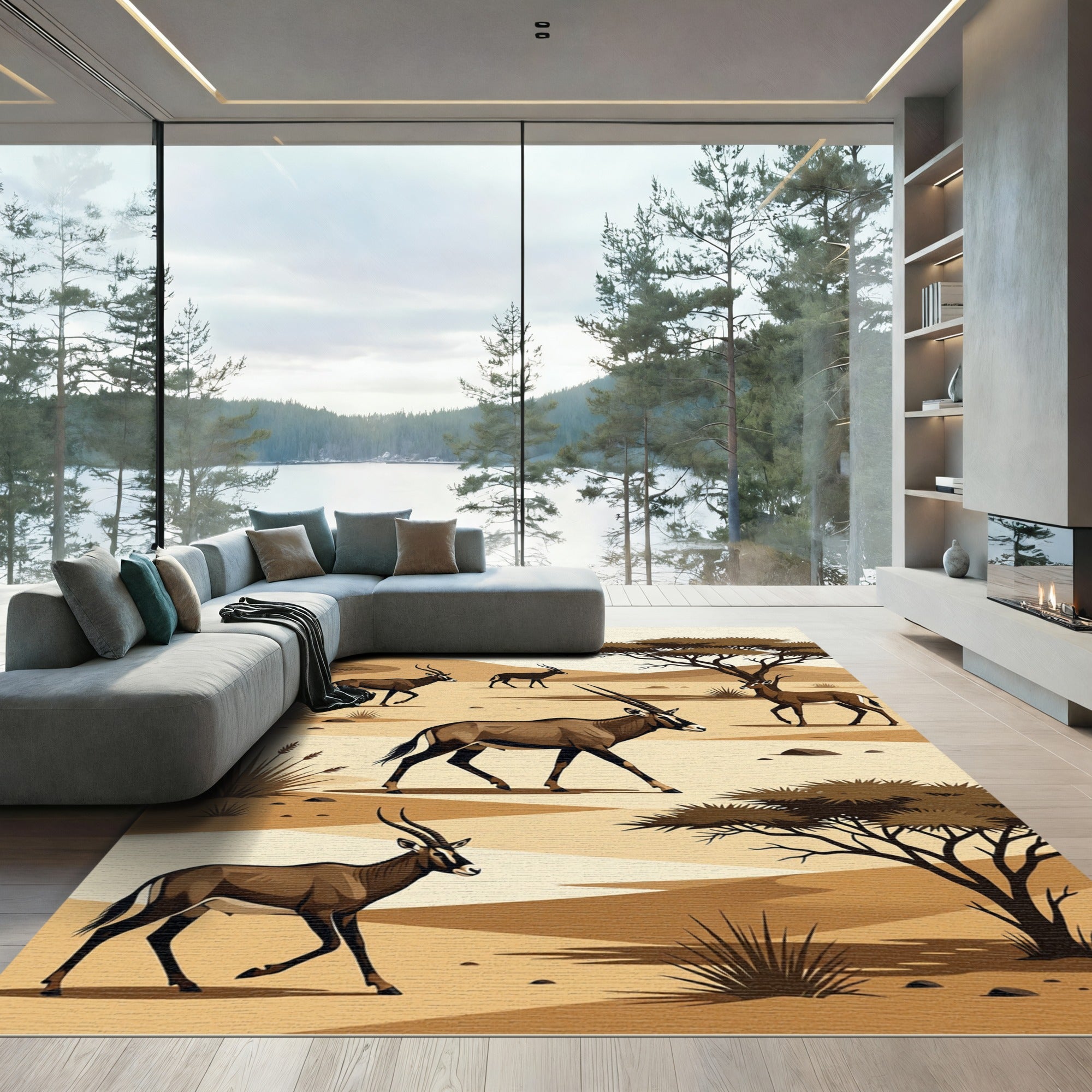 Safari Antelope Desert Landscape Illustration Rug