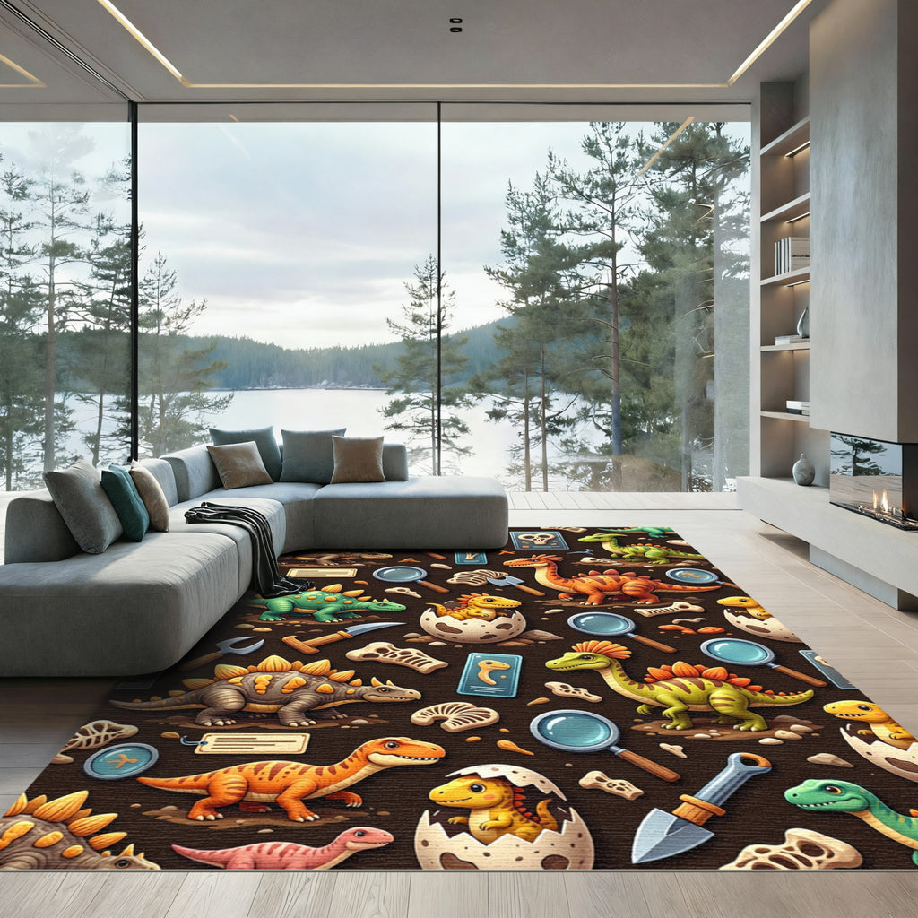 Playful Dinosaur Paleontology Illustration on Brown Rug