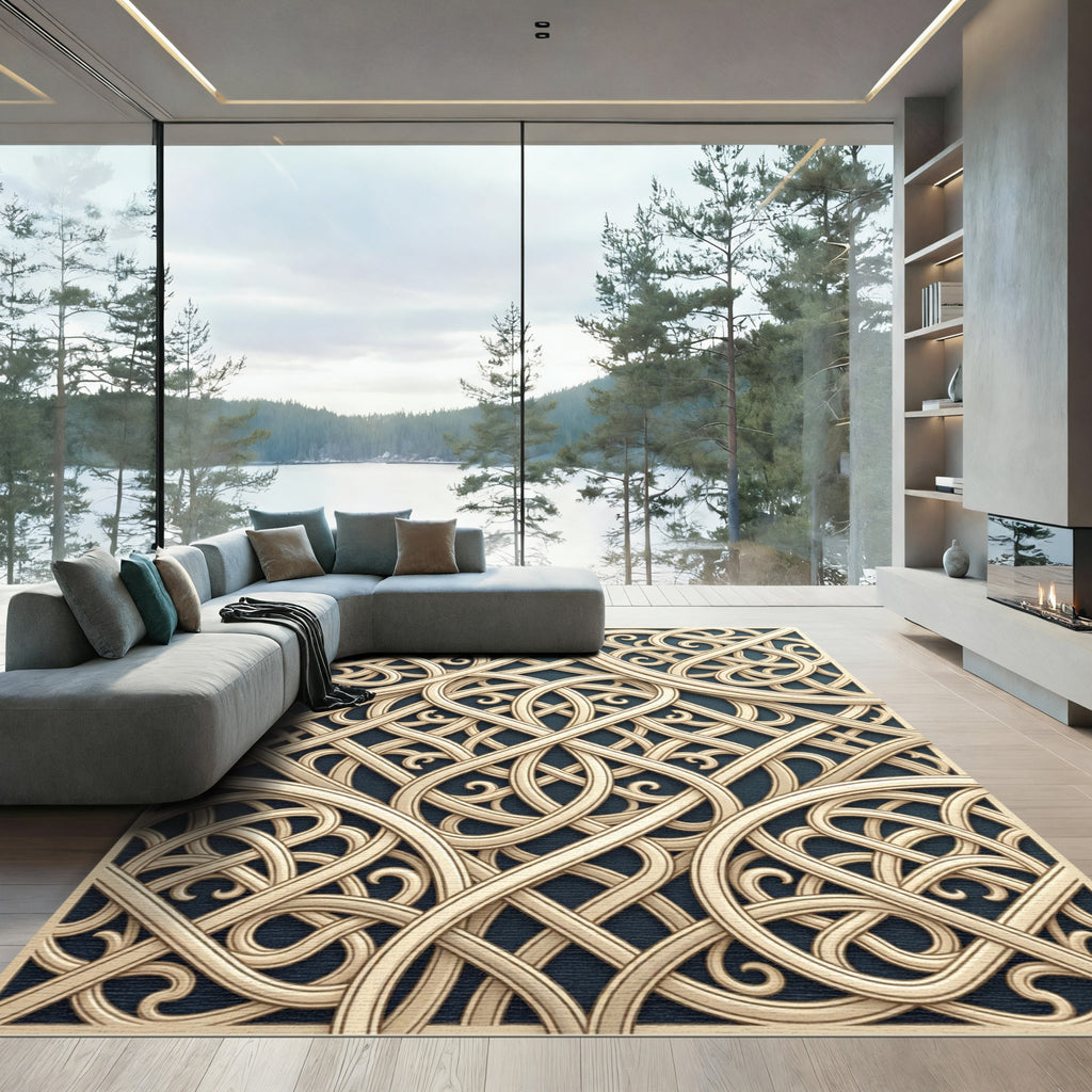 Golden Interwoven Lattice Scroll Cream Dark Rug