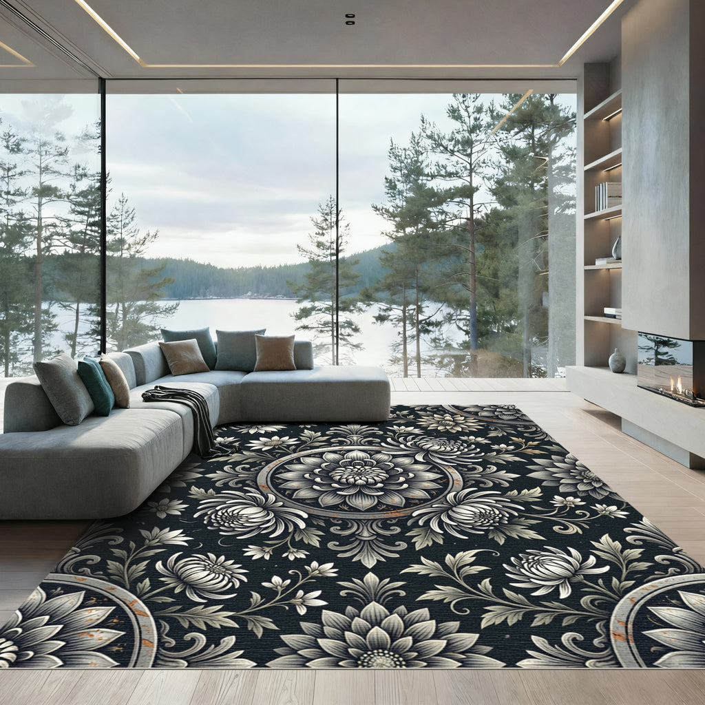 Monochromatic Floral Medallion Baroque Botanical Rug
