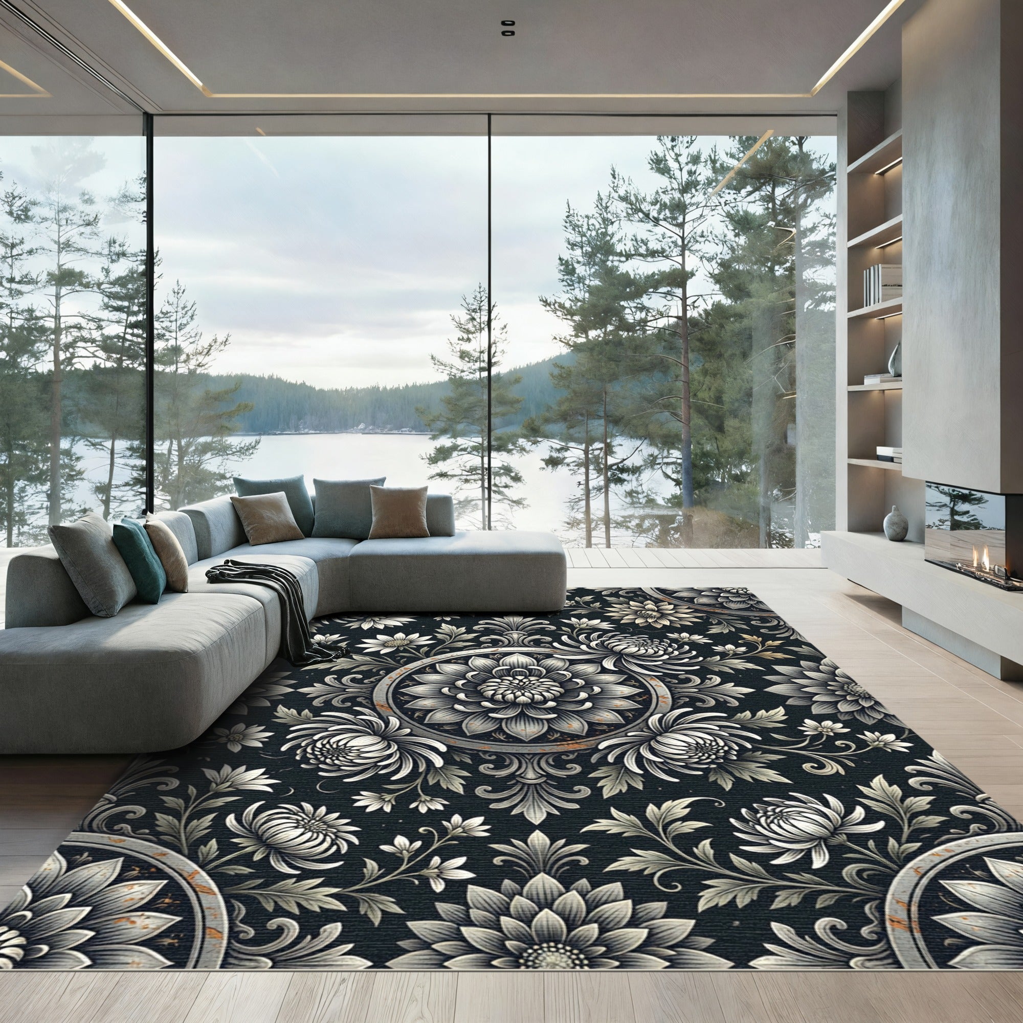 Monochromatic Floral Medallion Baroque Botanical Rug