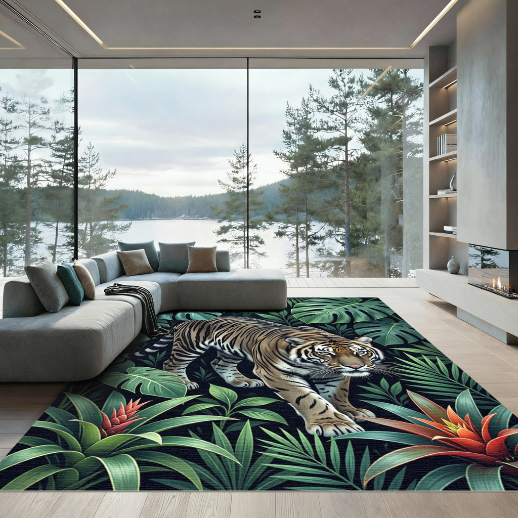 Exotic Tiger Amidst Lush Green Foliage Rug