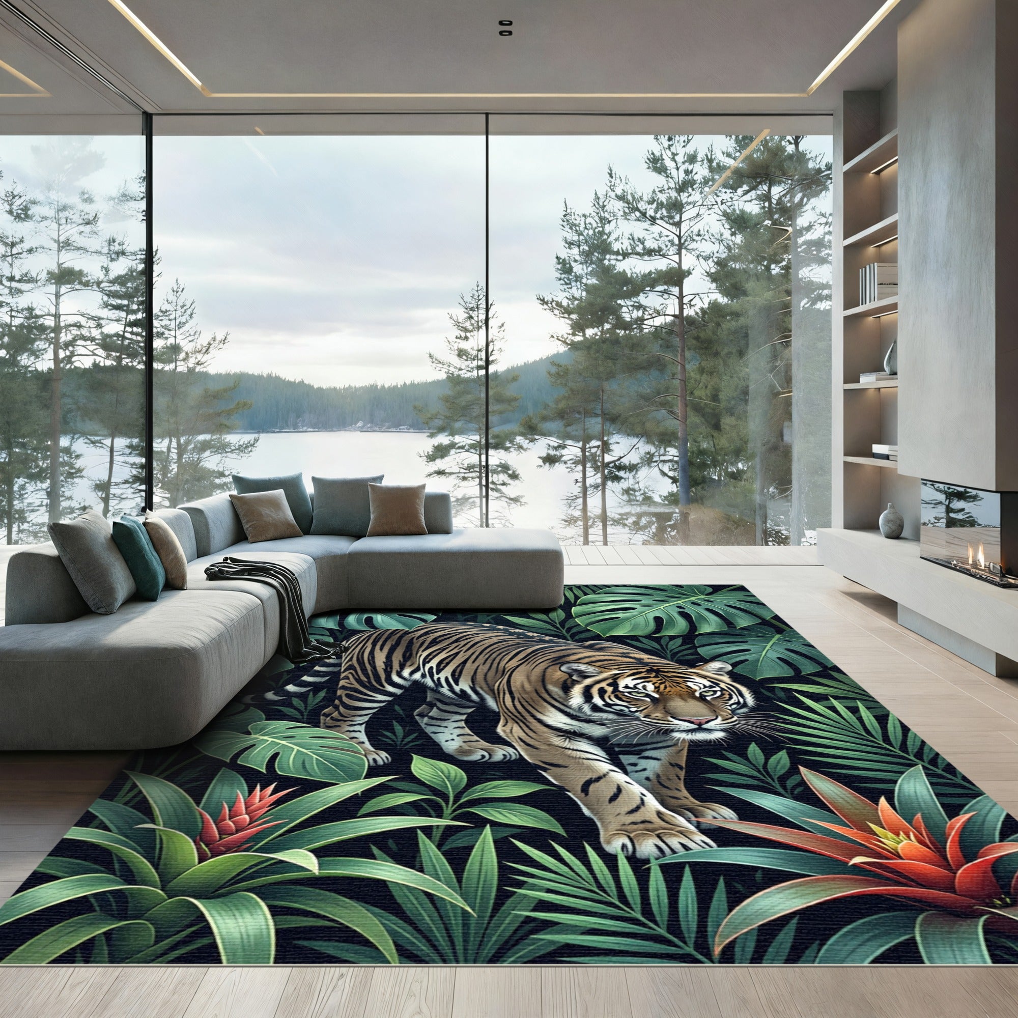Exotic Tiger Amidst Lush Green Foliage Rug