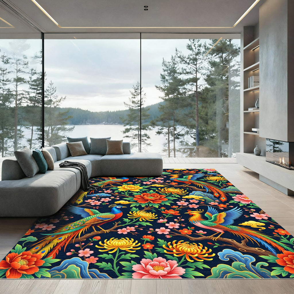 Vibrant Floral Phoenix Peacock Chinoiserie Rug